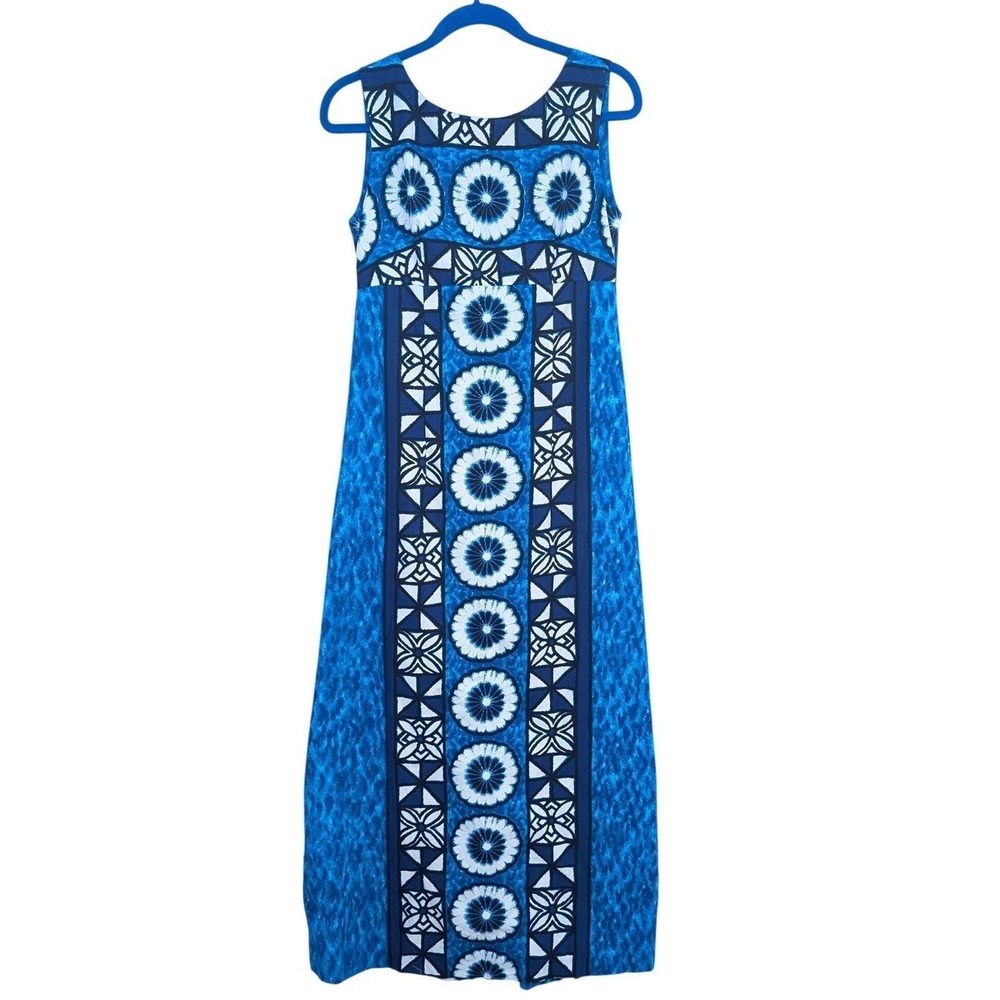 Vintage Ui-maikai Tiki Blue Geometric Print Sleeveless Maxi Dress Boho 60s Mod